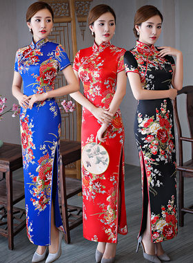 长款汉服走秀旗袍演出服新款日常礼仪改良连衣裙中式复古红色系
