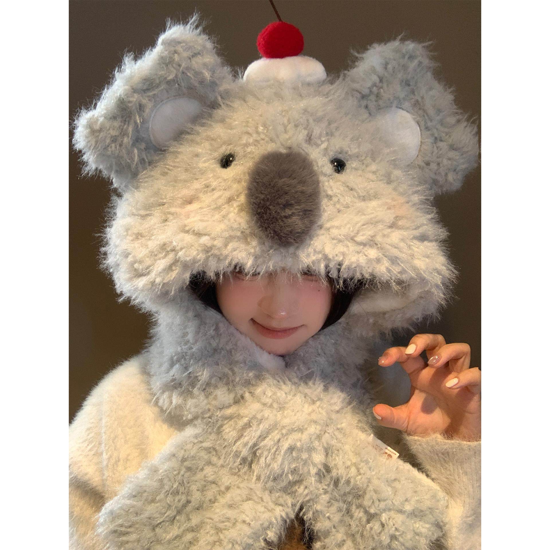 可爱考拉毛绒帽子围巾一体女冬季保暖加绒加厚防寒护耳雷锋帽围脖