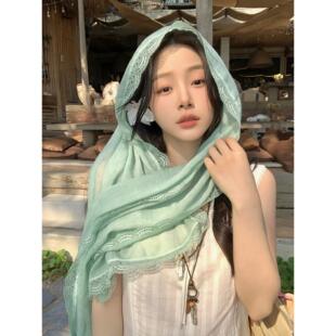 薄荷绿蕾丝边丝巾女2026春季森系文艺薄款高级感系脖围巾外搭披肩