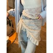 法式 三角巾蕾丝屁帘女叠穿神器荷叶边不规则下摆花朵刺绣半身裙