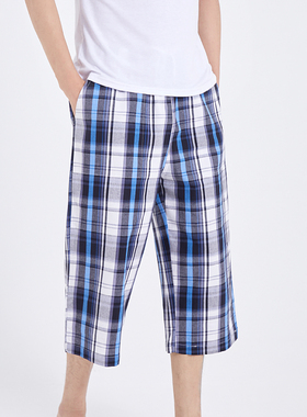 睡裤男纯棉短裤夏七分裤居家裤宽松沙滩裤全棉格子休闲中裤家居裤