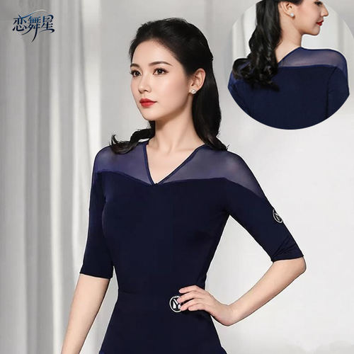 V领网纱国标舞上衣女中袖拉丁舞练功服显瘦形体训练摩登舞连体衣