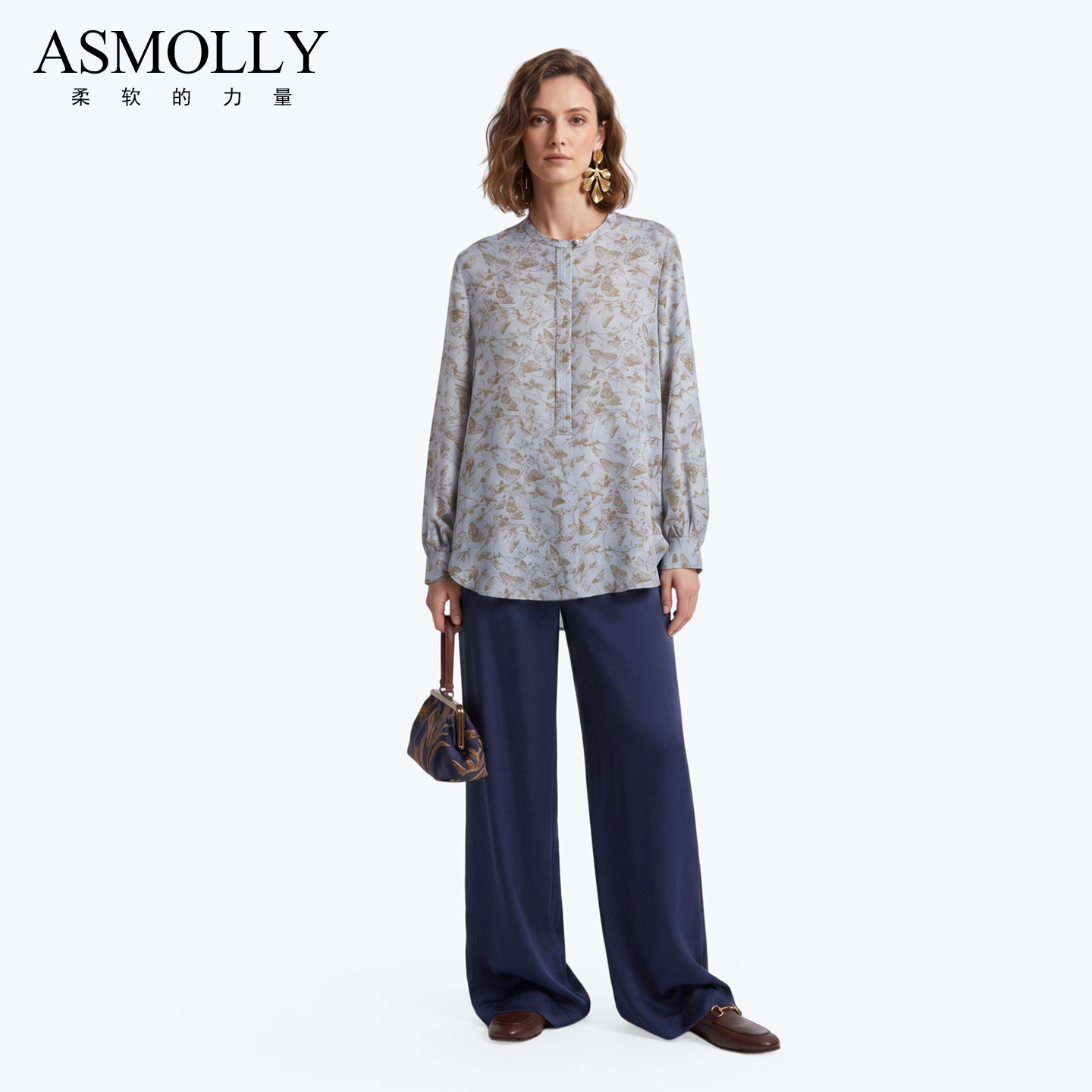 Asmolly真丝桑蚕丝印花衬衫