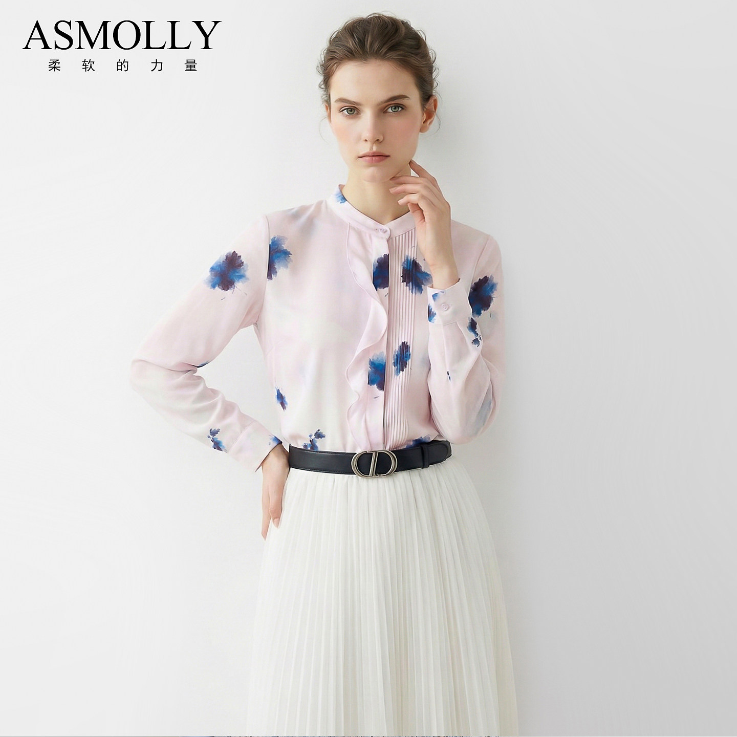 Asmolly粉色真丝印花衬衫桑蚕丝