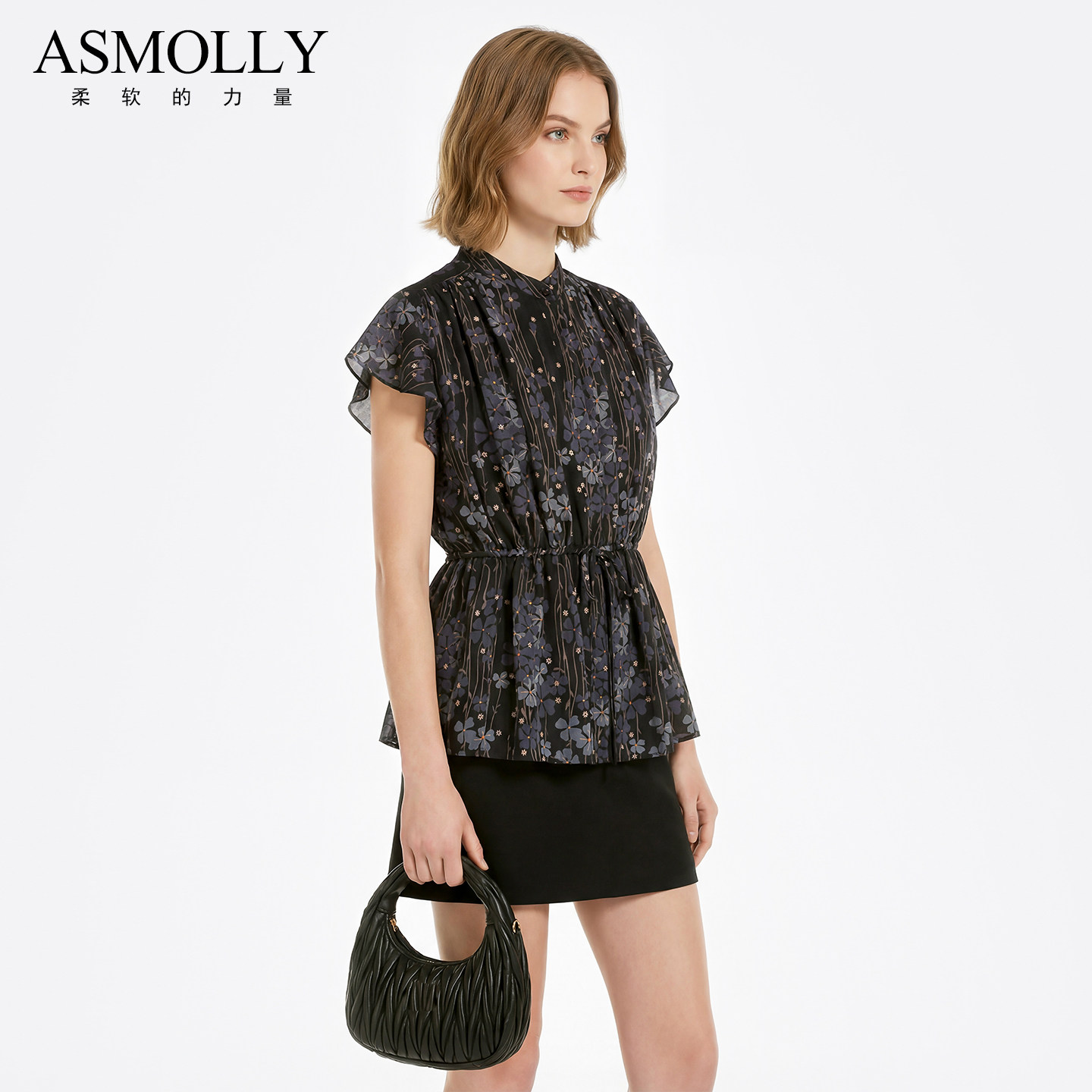 Asmolly女装春夏100%桑蚕丝上衣修身碎花真丝衬衫女衬衣