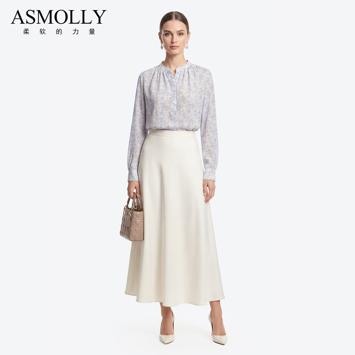 Asmolly桑蚕丝碎花OL衬衫女