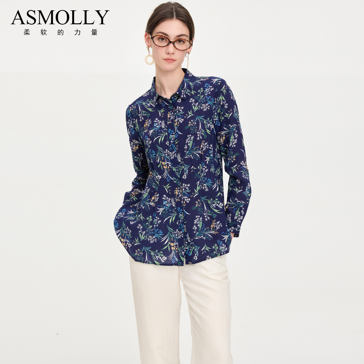 Asmolly春夏气质印花真丝衬衫