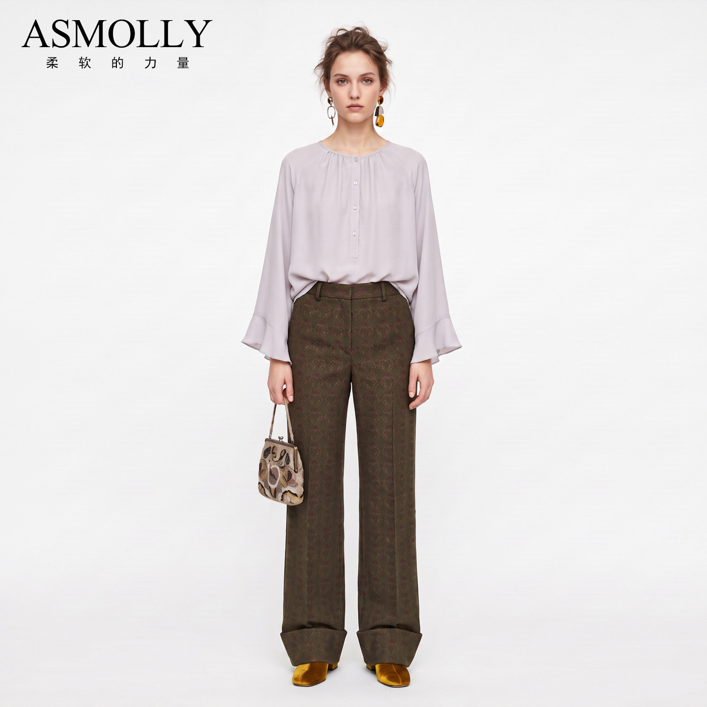 Asmolly气质纯色真丝衬衫女长袖2026夏喇叭袖设计100%桑蚕丝上衣