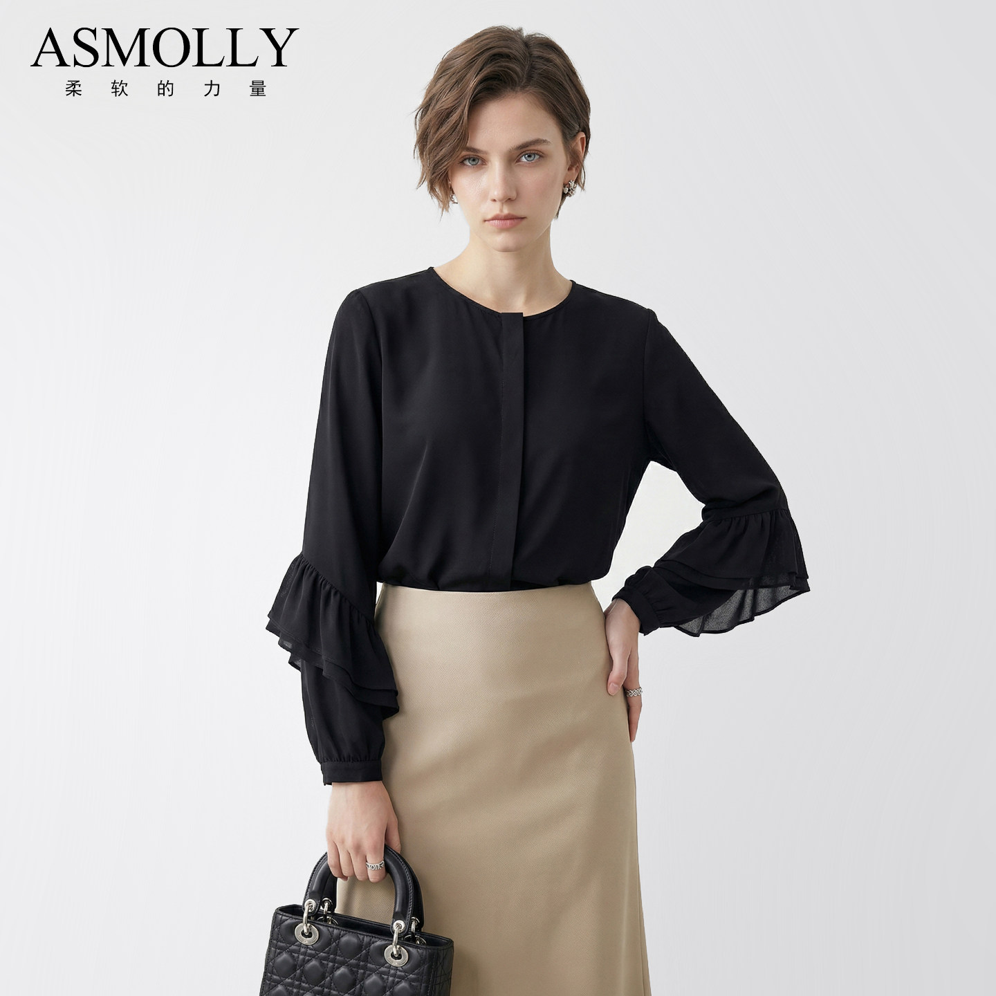 Asmolly气质OL黑色真丝衬衫女