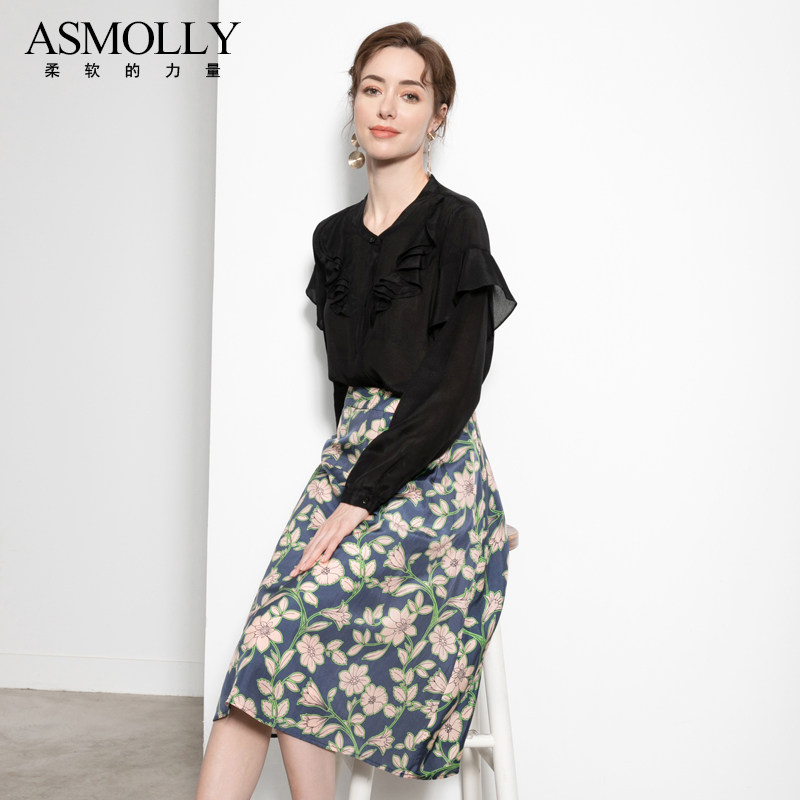 Asmolly春夏宽松黑色桑蚕丝上衣