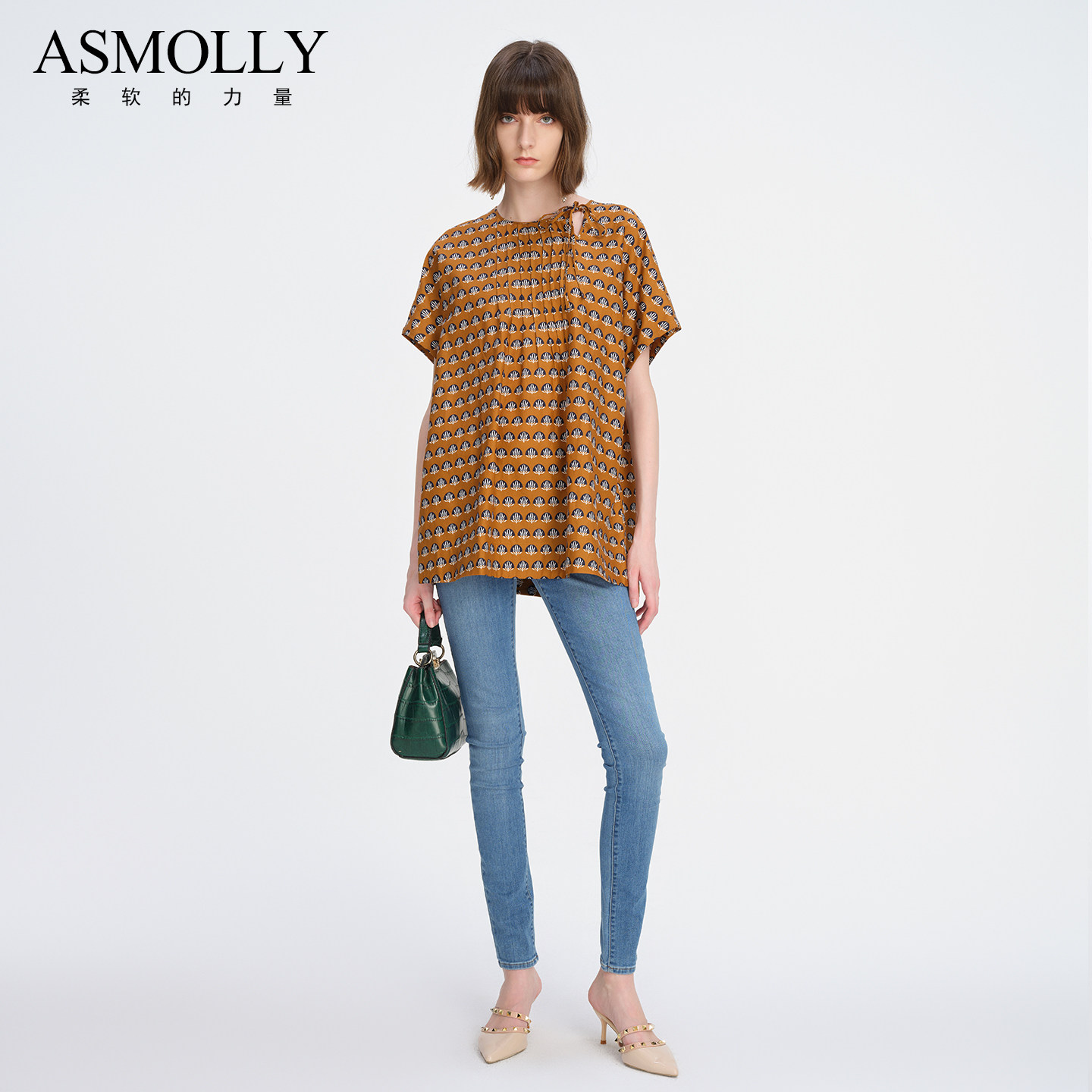 Asmolly宽松丝棉上衣宽松中长款夏装凉快短袖丝绸衬衫碎花衬衣