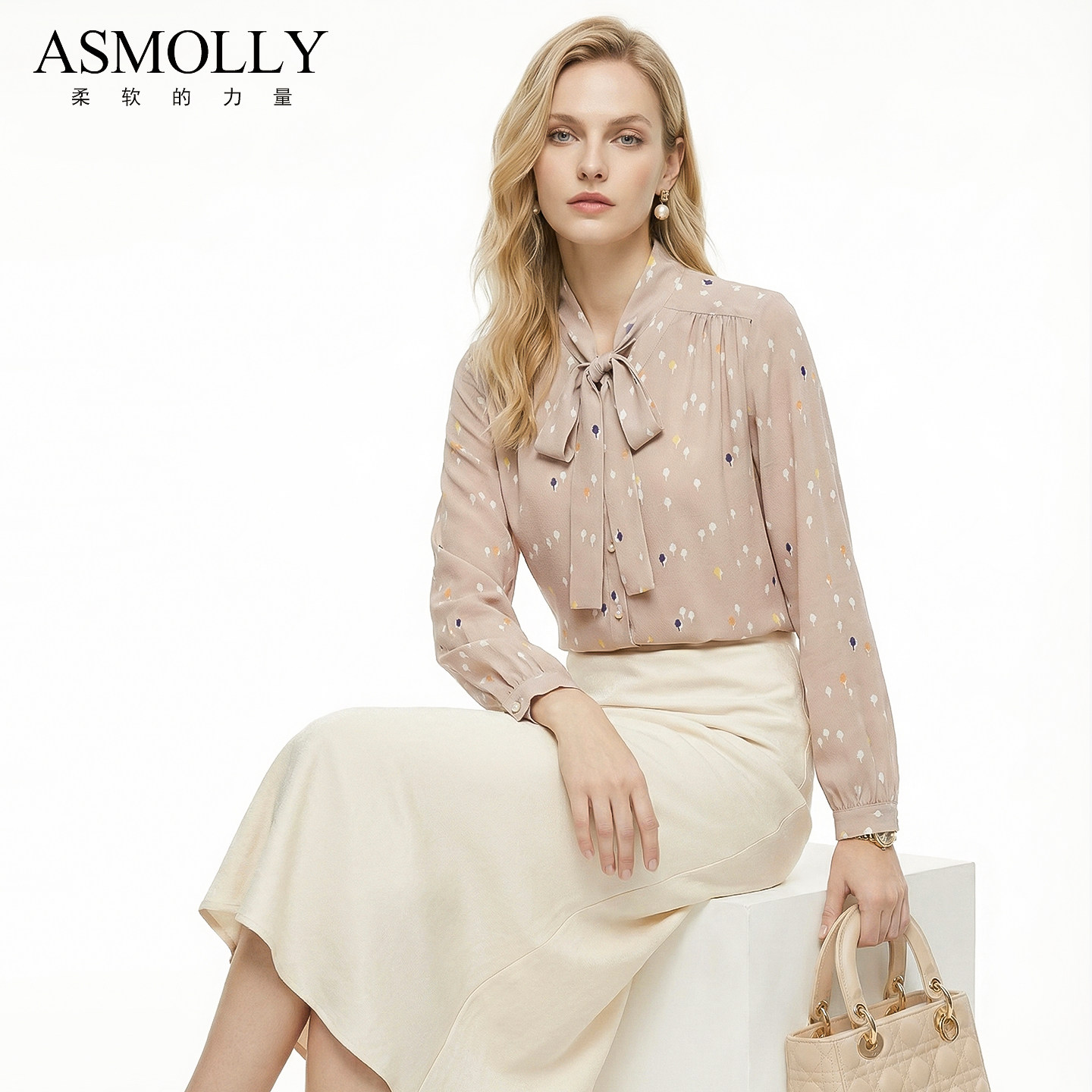 Asmolly气质飘带系带桑蚕丝上衣