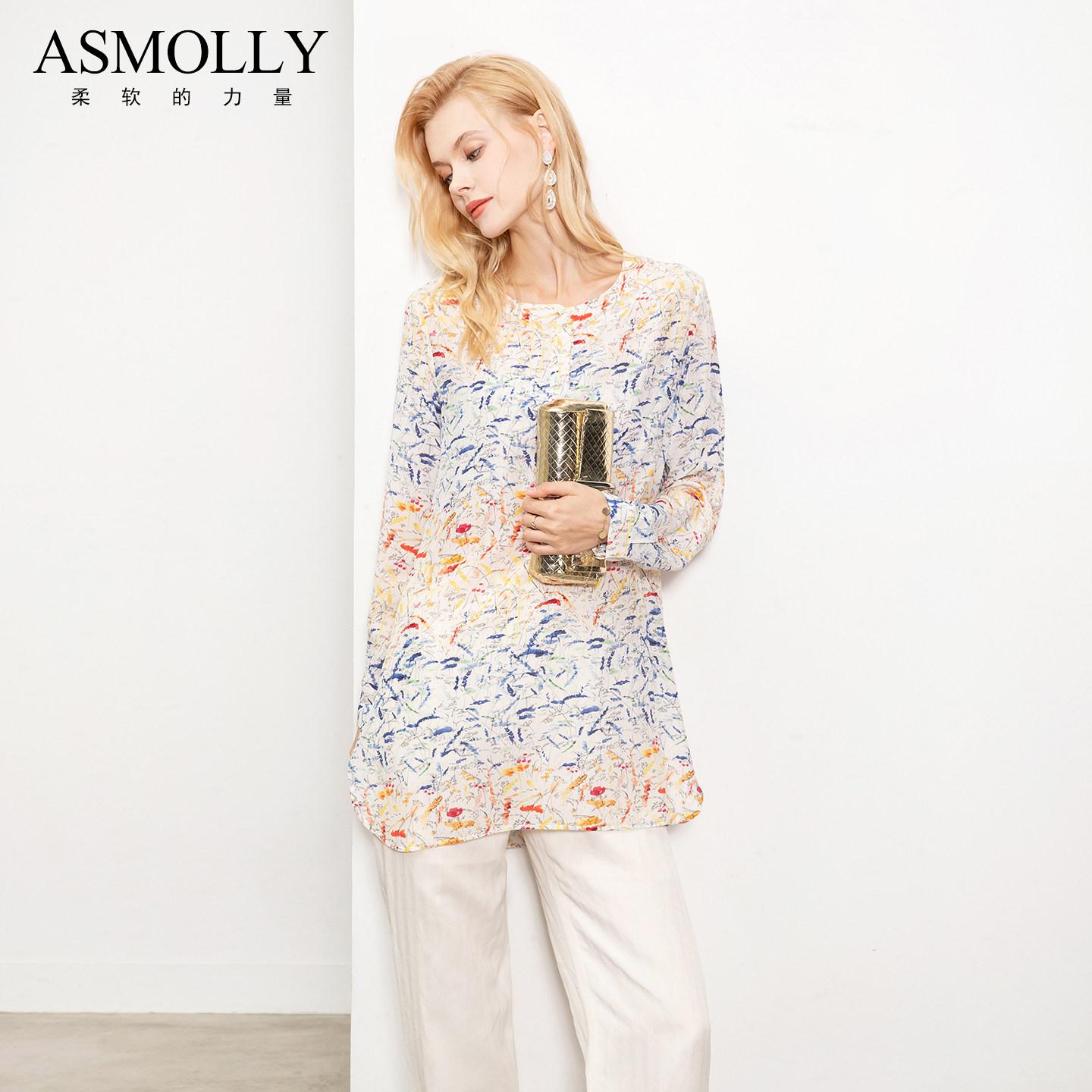 Asmolly春夏印花100%桑蚕丝上衣
