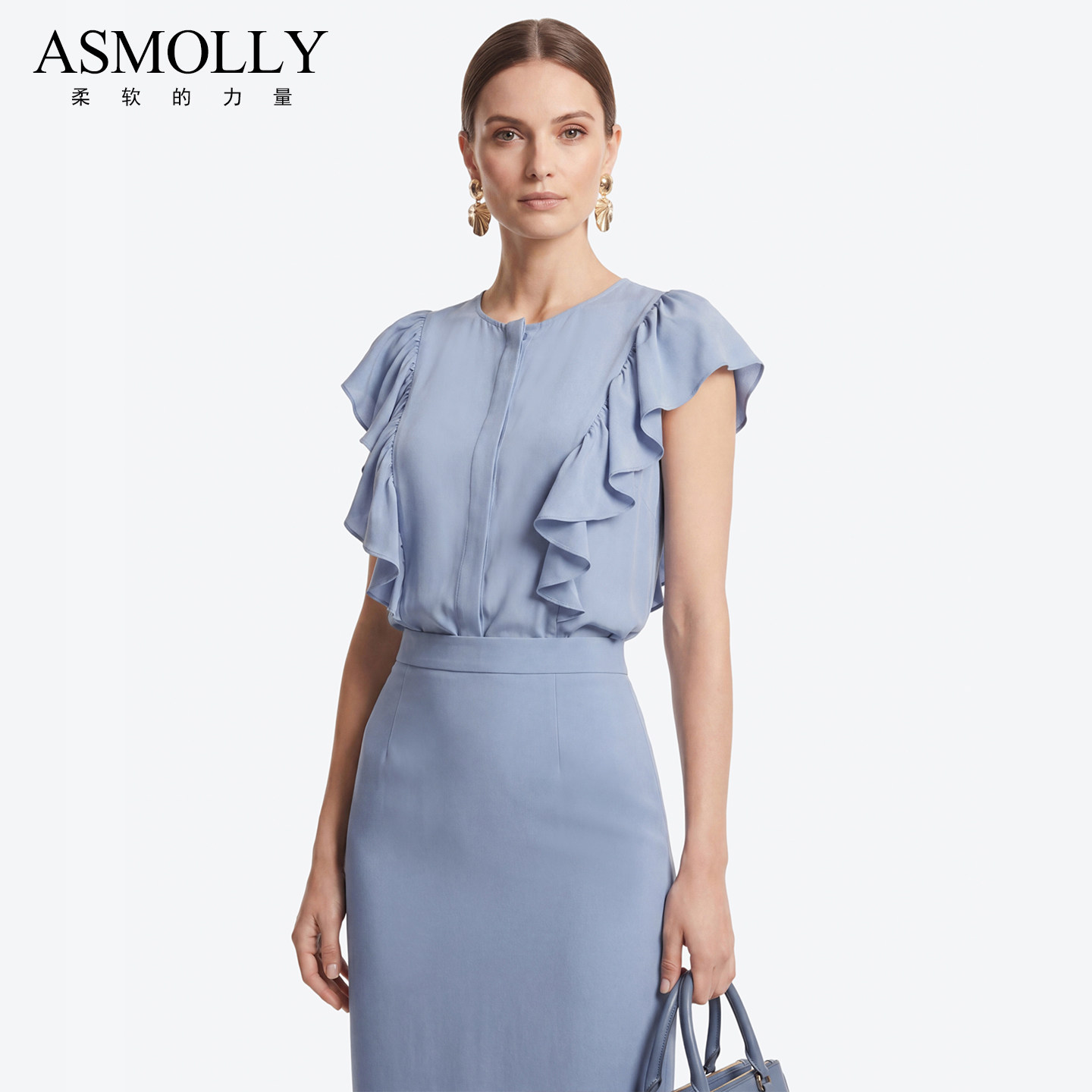 Asmolly真丝衬衫夏新款气质优雅OL女士蓝色100%桑蚕丝衬衣上衣