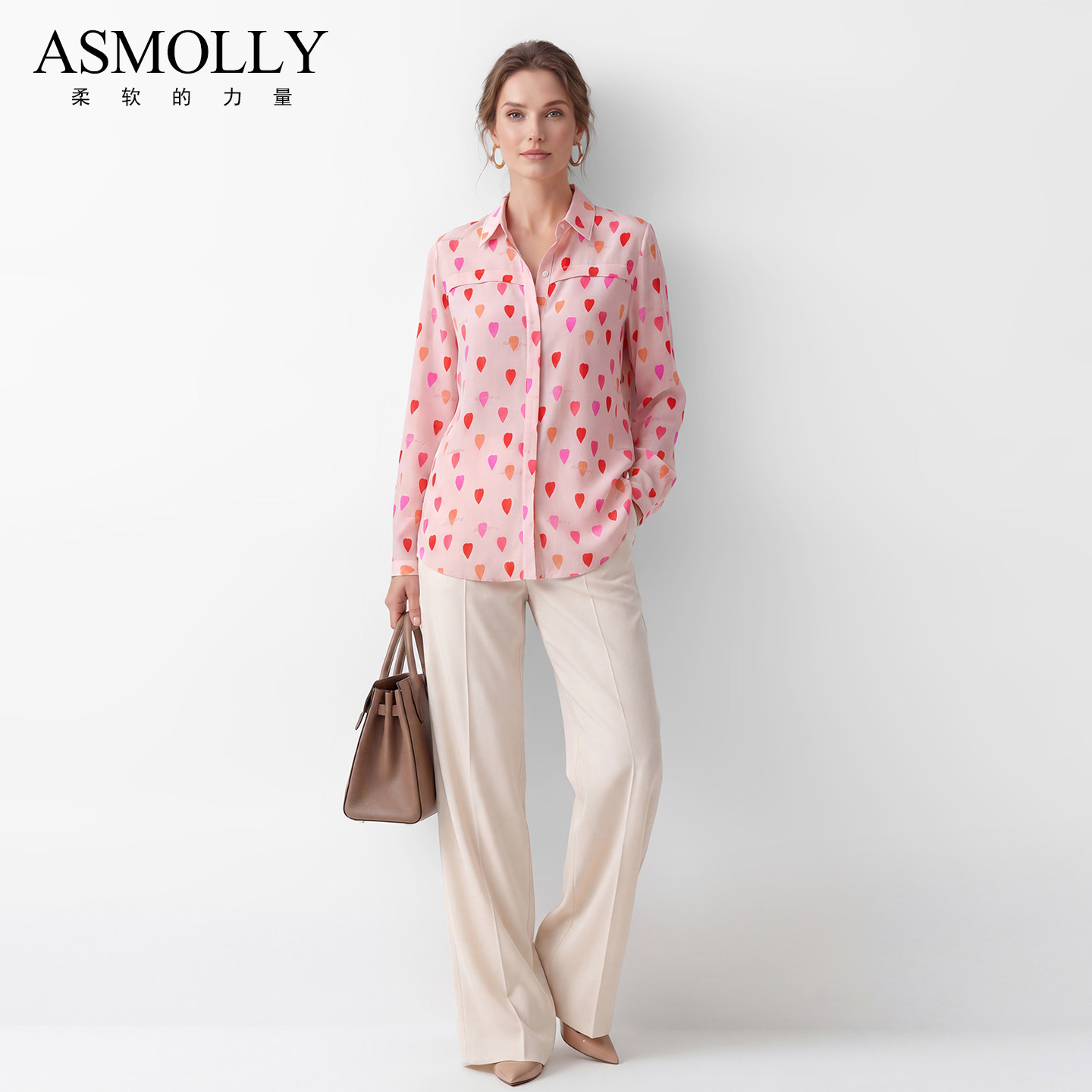 Asmolly100%桑蚕丝印花衬衫女