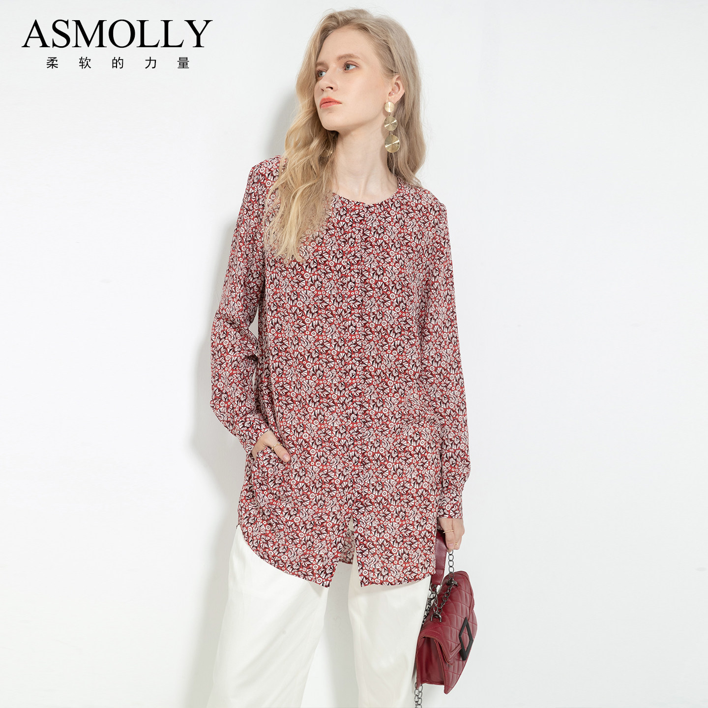Asmolly宽松真丝衬衣桑蚕丝上衣