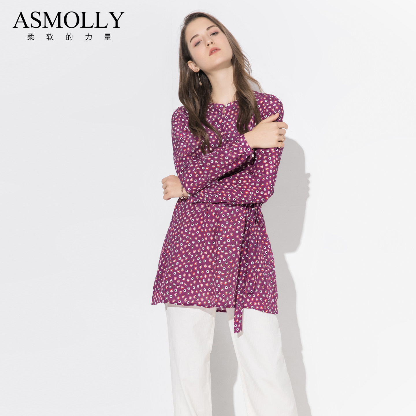 Asmolly时尚碎花100%桑蚕丝上衣