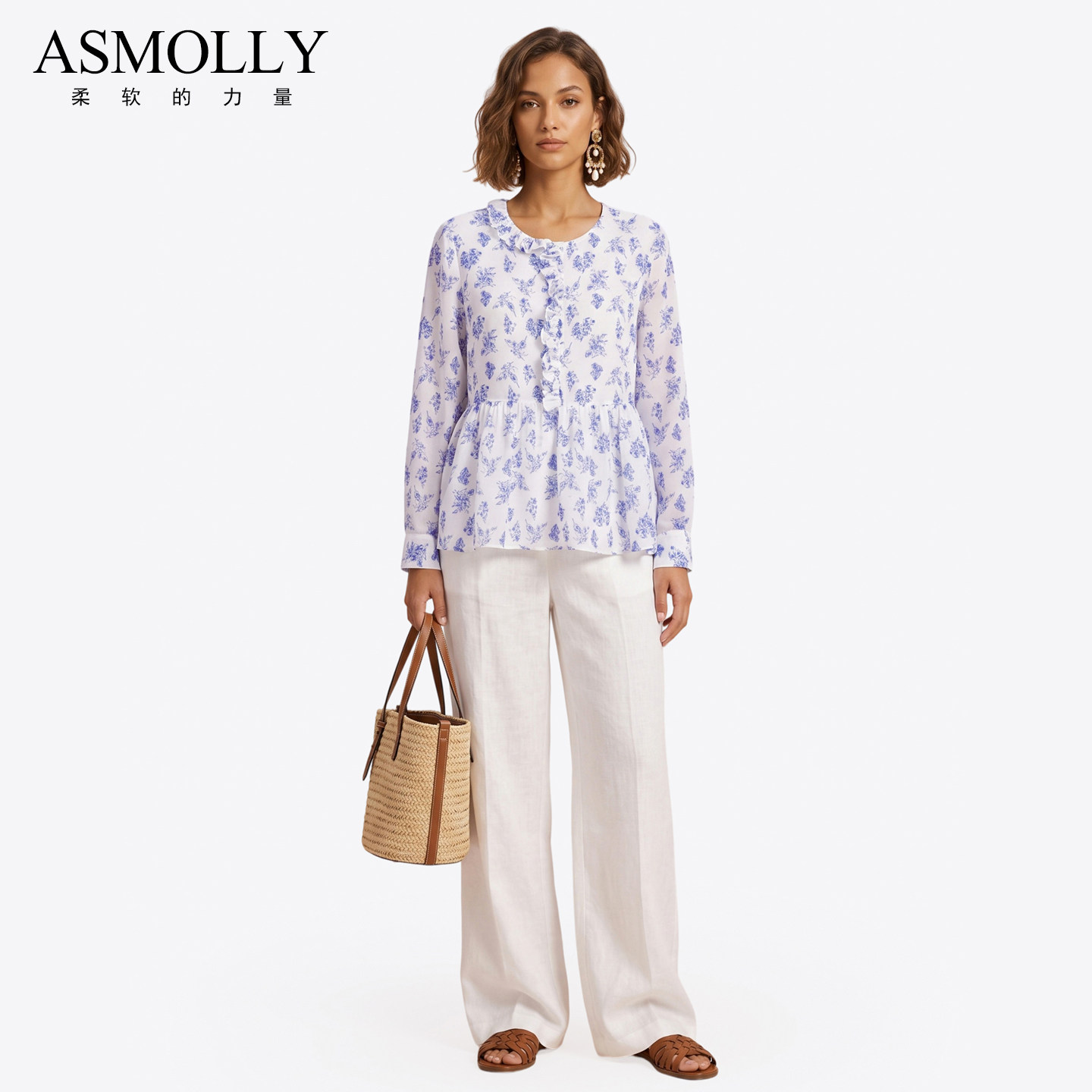 Asmolly春夏桑蚕丝碎花真丝衬衫