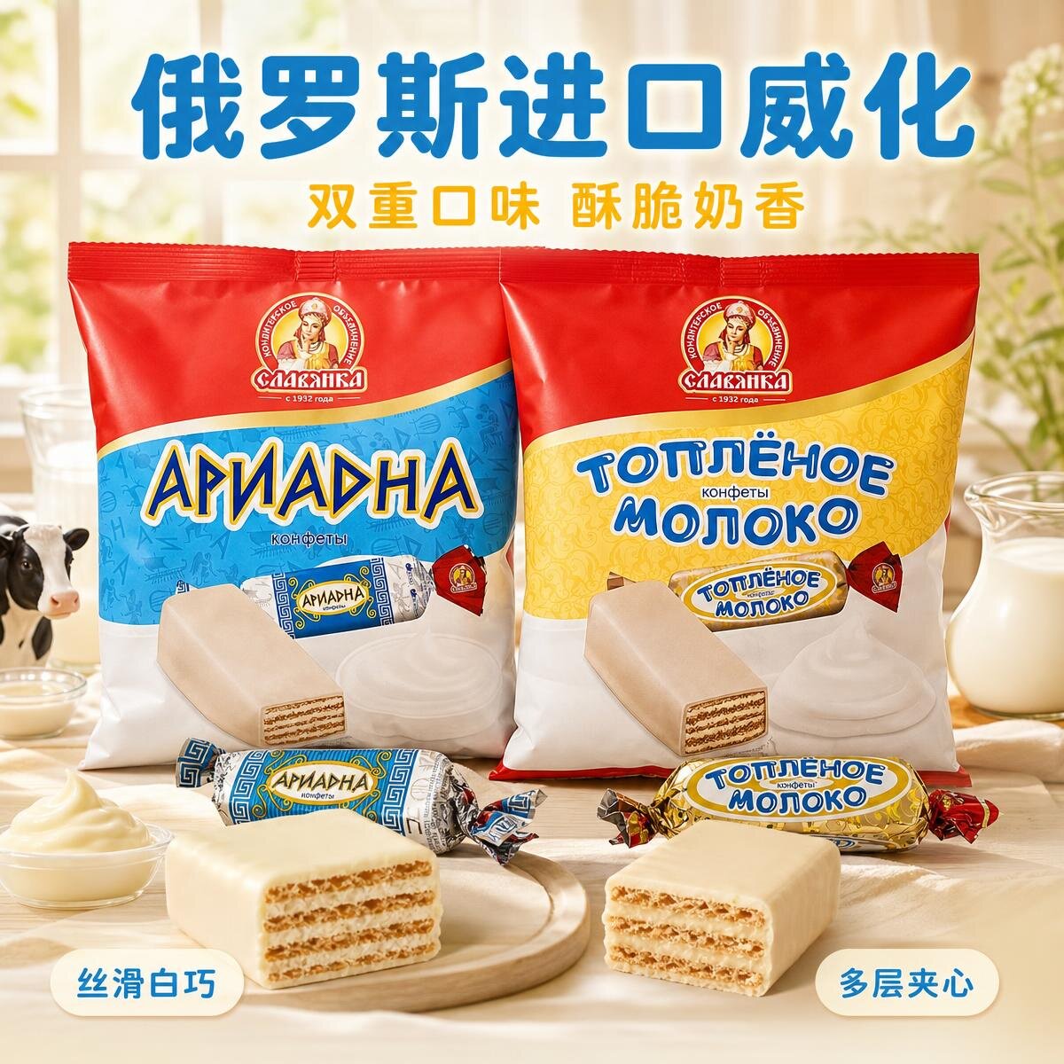 俄罗斯进口脆脆斯基酸奶鲜奶威化喜糖
