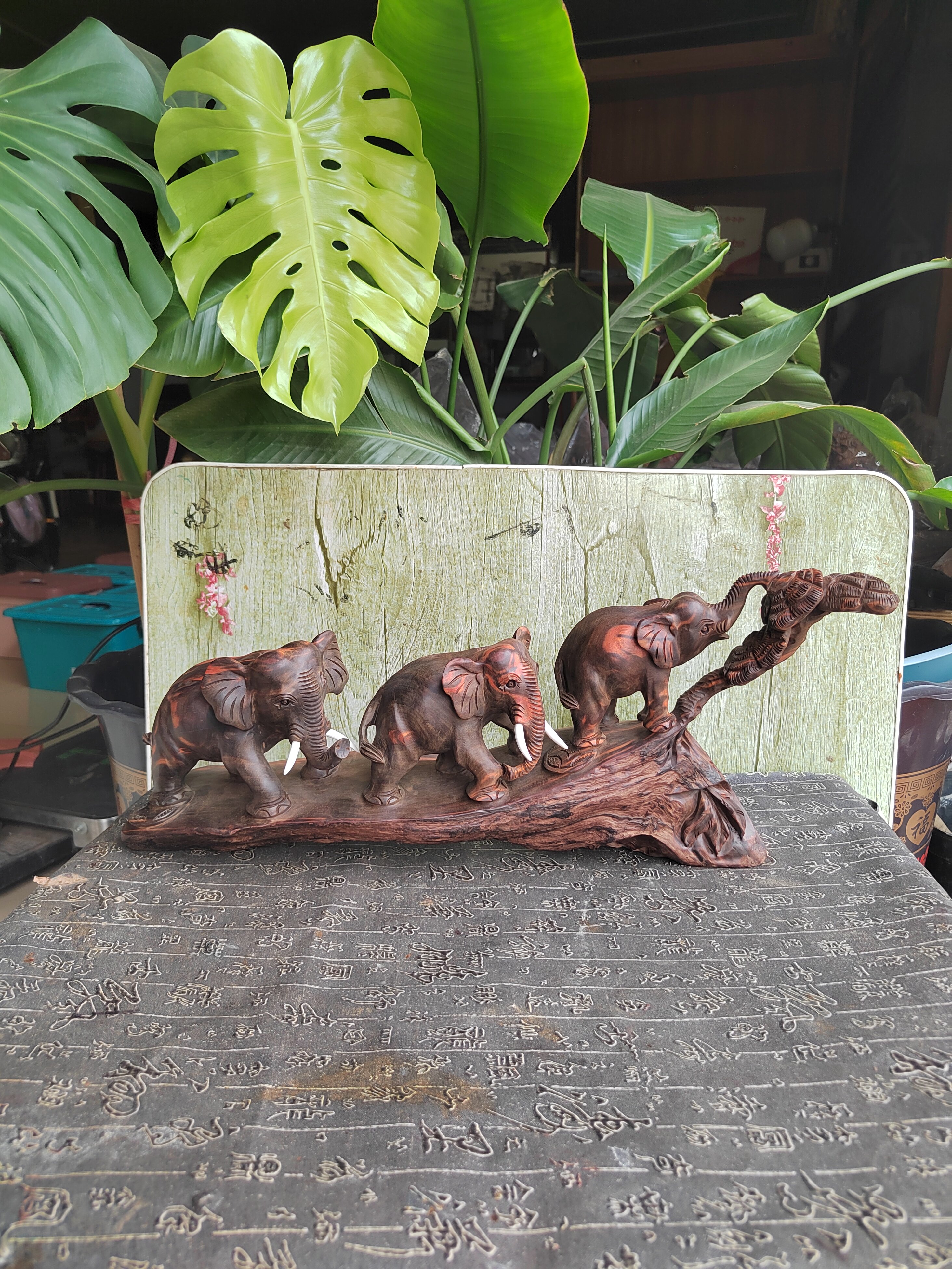 老挝大红酸枝大象母子象纯手工雕刻摆件实木吉祥如意红木工艺品