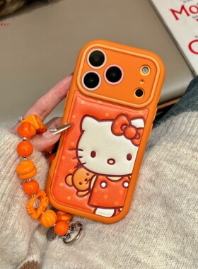 卡通橙色探头小熊KT猫适用iPhone17Promax手机壳苹果16promax皮质15软壳13带手链14Pro可爱防摔保护套