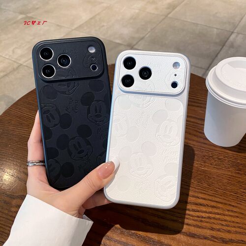 纯色皮纹可爱卡通米奇适用苹果17promax手机壳iphone16pro新款15pro秒变大视窗14高级感女13全包防摔保护套