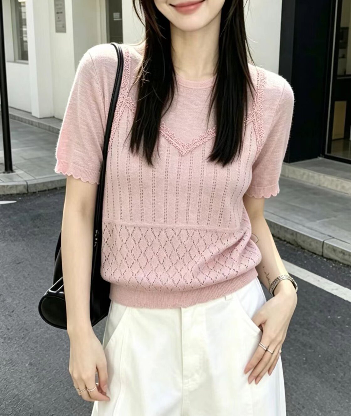 2026夏季新款设计感性感圆领镂空透视竹节麻针织衫短袖女人味上衣