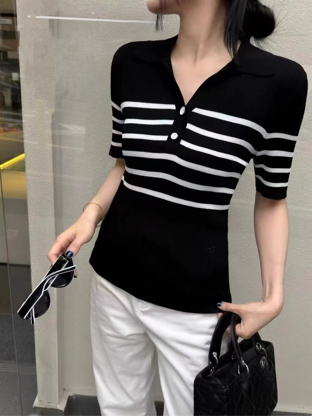 井美2025夏法式条纹POLO翻领短袖修身短款女套头冰丝曲珠纱针织衫