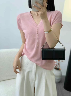 井美2025夏新薄款V领针织衫女宽松显瘦百搭短袖冰丝天丝烫钻上衣