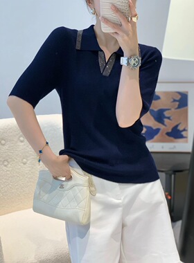 翻领V领带钻气质2025年秋季新款百搭时尚简约显瘦套头纯色女上衣