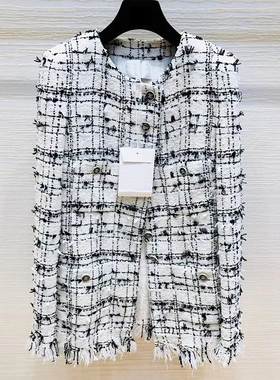 WAN.W工作室手工定制 鱼骨流苏中长款粗花呢格子小香风外套明星款