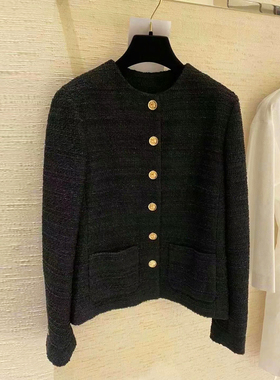 WAN·W工作室 手工钉珠 极简高级小香风粗花呢外套女黑金名媛