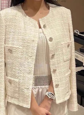 WAN·W工作室 高级定制极简白色编织粗花小香风外套女经典四口袋