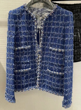 WAN·W工作室 手工23c蓝色格子巨显白粗花呢小香风外套女短款