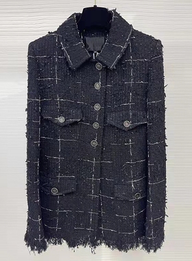 WAN.W工作室 手工定制鱼骨流苏中长款粗花呢格子小香风外套明星款