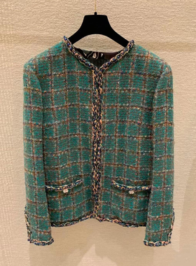 WAN·W工作室 手工定制羊毛格纹苔藓绿色名媛花呢小香风明星外套