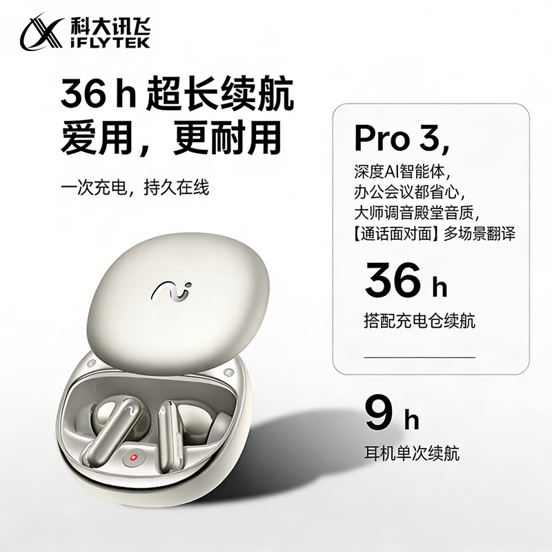 科大讯飞 Pro3 AI会议耳机 入耳式智能降噪录音转写翻译超长续航
