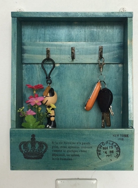 钥匙收纳盒家用蓝色家居木质玄关置物盒 家庭钥匙挂件 挂钥匙壁挂