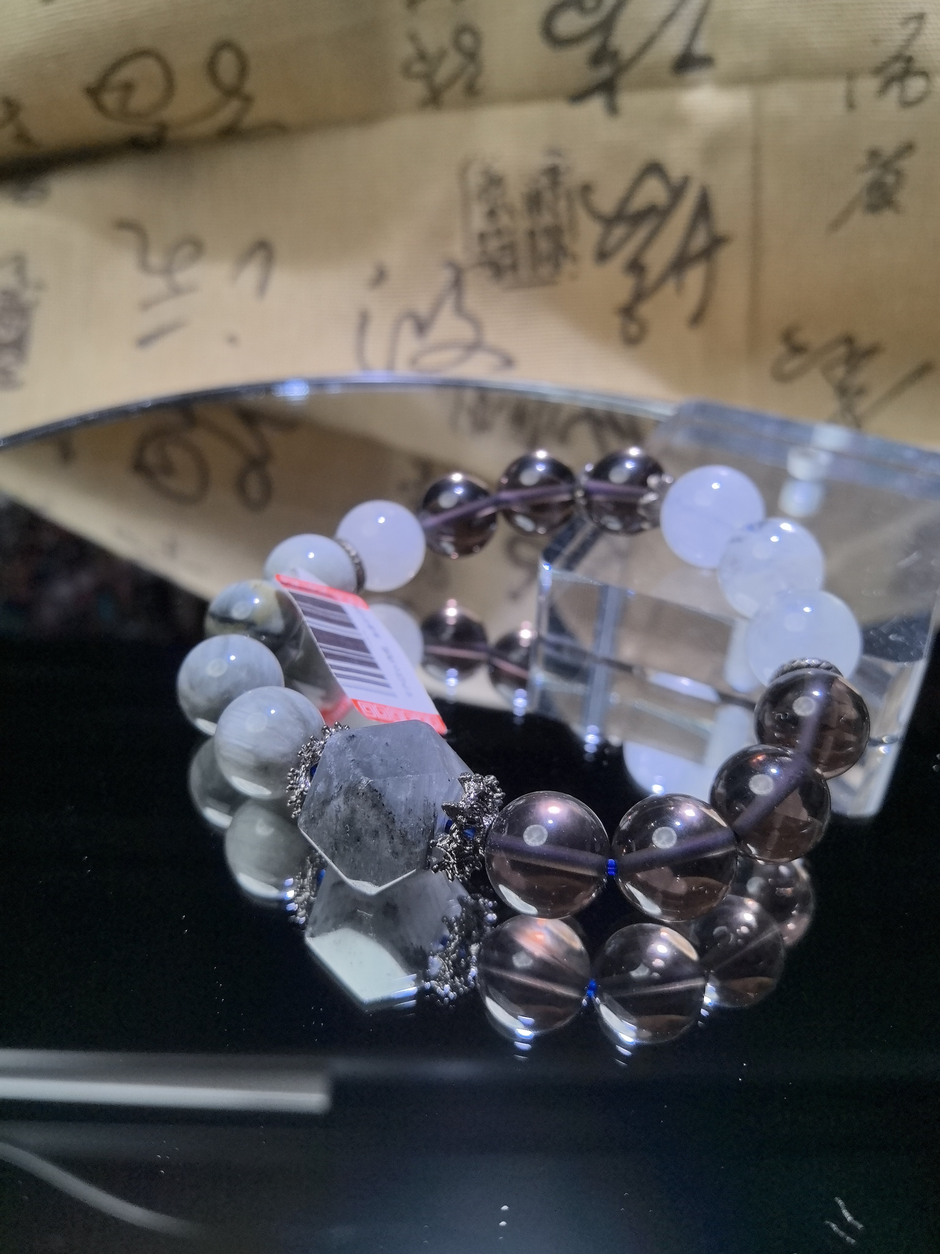 暗黑鹰眼石冰曜石白幽灵蓝兔毛八棱设计款五福喜用水金时尚款手链图片