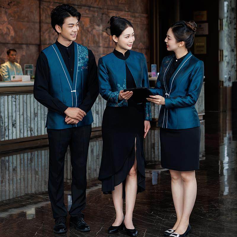 酒店餐饮前台接待服务员工作服女秋冬装长袖中式餐厅酒楼饭店制服