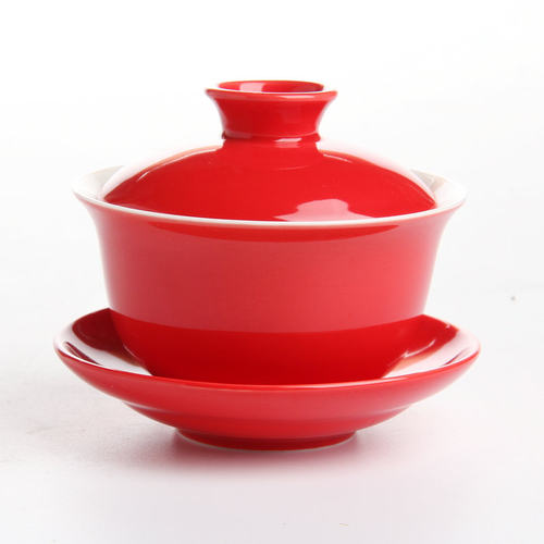 定制陶瓷盖碗茶具婚庆红釉三才
