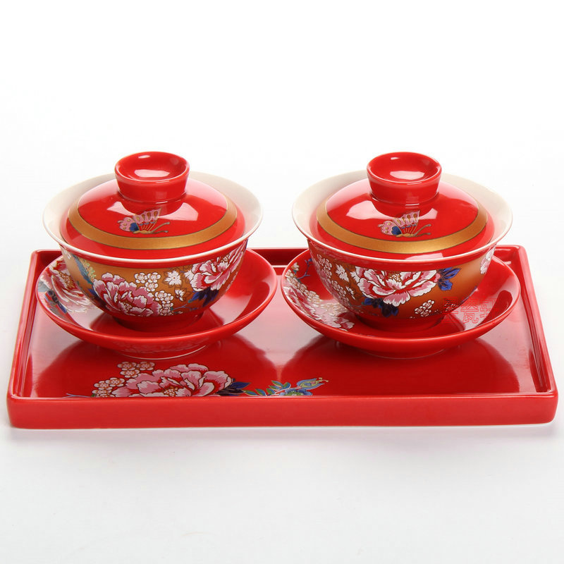 中式龙凤双喜盖碗结婚茶杯婚庆红