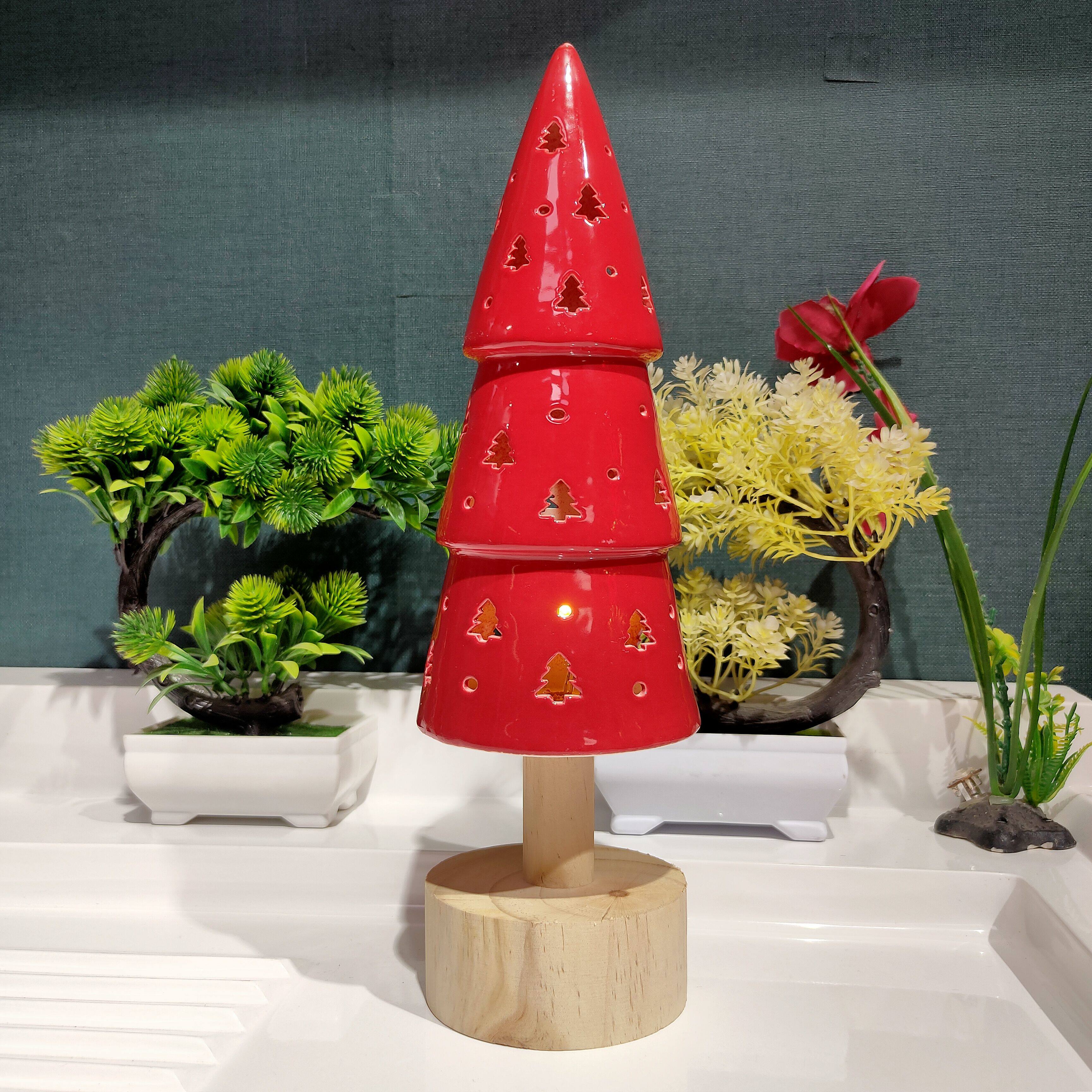 新品陶瓷圣诞树木质底座夜灯摆件/高度33厘米/样品收藏