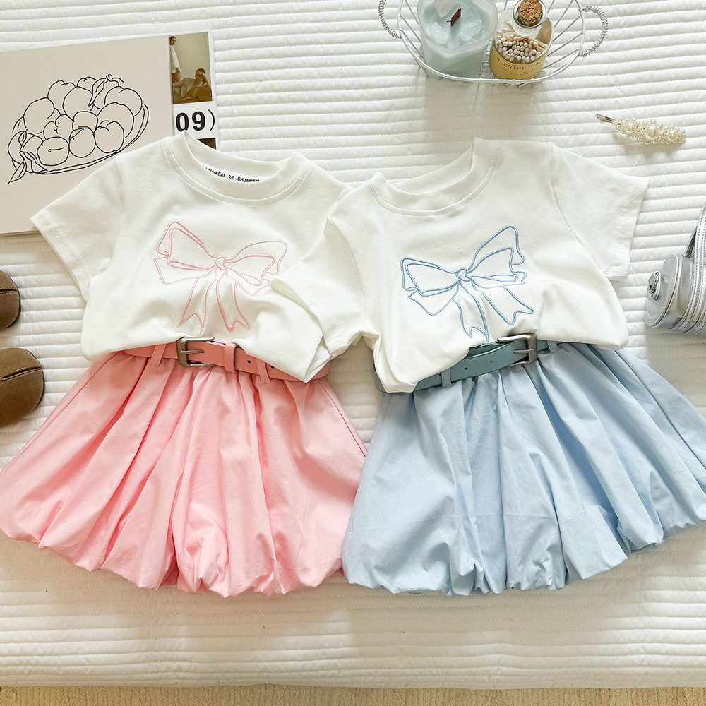 女童短袖t恤套装夏季2026新款刺绣蝴蝶结体恤衫花苞短裤两件套潮