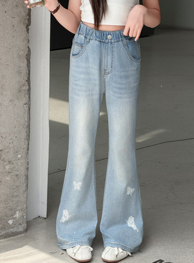 女童牛仔裤夏季薄款2026新款洋气儿童脚口印花喇叭裤中大童装裤子