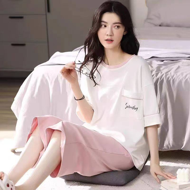 睡衣女夏款纯棉新款全棉夏季短袖七分裤薄款100%棉家居服套装夏天