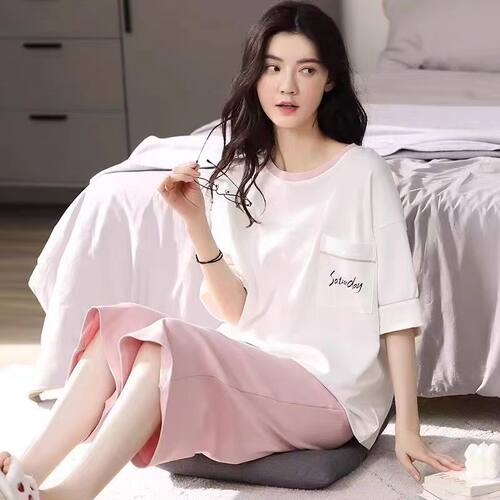 睡衣女夏款纯棉新款全棉夏季短袖七分裤薄款100%棉家居服套装夏天