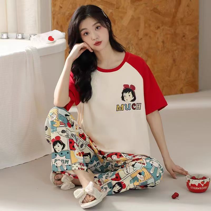 睡衣女夏款纯棉新款全棉夏季短袖长裤可外穿大码薄款家居服套装