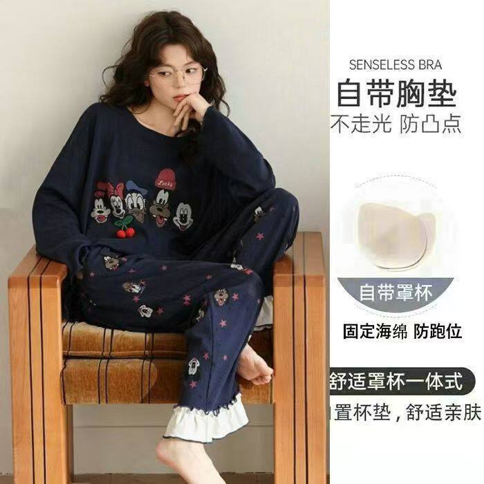 睡衣全棉女士春秋款带胸垫长袖纯棉大码夏天休闲秋冬季家居服套装