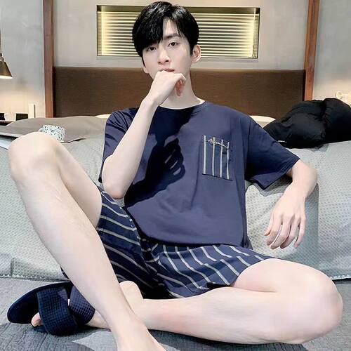 100%棉睡衣男士夏季短袖短裤青年纯棉可外穿全棉大码家居服套装